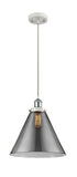 916-1P-WPC-G43-L Cord Hung 8" White and Polished Chrome Mini Pendant - Plated Smoke Cone 12" Glass - LED Bulb - Dimmensions: 8 x 8 x 10<br>Minimum Height : 13.75<br>Maximum Height : 131.75 - Sloped Ceiling Compatible: Yes