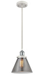 916-1P-WPC-G43 Cord Hung 8" White and Polished Chrome Mini Pendant - Plated Smoke Large Cone Glass - LED Bulb - Dimmensions: 8 x 8 x 10<br>Minimum Height : 13.75<br>Maximum Height : 131.75 - Sloped Ceiling Compatible: Yes