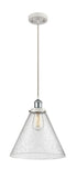 916-1P-WPC-G44-L Cord Hung 8" White and Polished Chrome Mini Pendant - Seedy Cone 12" Glass - LED Bulb - Dimmensions: 8 x 8 x 10<br>Minimum Height : 13.75<br>Maximum Height : 131.75 - Sloped Ceiling Compatible: Yes
