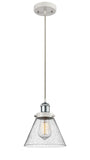 916-1P-WPC-G44 Cord Hung 8" White and Polished Chrome Mini Pendant - Seedy Large Cone Glass - LED Bulb - Dimmensions: 8 x 8 x 10<br>Minimum Height : 13.75<br>Maximum Height : 131.75 - Sloped Ceiling Compatible: Yes