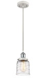 916-1P-WPC-G513 Cord Hung 5" White and Polished Chrome Mini Pendant - Clear Deco Swirl Small Bell Glass - LED Bulb - Dimmensions: 5 x 5 x 10<br>Minimum Height : 12.75<br>Maximum Height : 130.75 - Sloped Ceiling Compatible: Yes