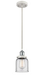 916-1P-WPC-G52 Cord Hung 5" White and Polished Chrome Mini Pendant - Clear Small Bell Glass - LED Bulb - Dimmensions: 5 x 5 x 10<br>Minimum Height : 12.75<br>Maximum Height : 130.75 - Sloped Ceiling Compatible: Yes
