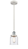 916-1P-WPC-G54 Cord Hung 5" White and Polished Chrome Mini Pendant - Seedy Small Bell Glass - LED Bulb - Dimmensions: 5 x 5 x 10<br>Minimum Height : 12.75<br>Maximum Height : 130.75 - Sloped Ceiling Compatible: Yes