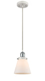 916-1P-WPC-G61 Cord Hung 6" White and Polished Chrome Mini Pendant - Matte White Cased Small Cone Glass - LED Bulb - Dimmensions: 6 x 6 x 9<br>Minimum Height : 12.75<br>Maximum Height : 130.75 - Sloped Ceiling Compatible: Yes