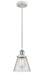 916-1P-WPC-G62 Cord Hung 6" White and Polished Chrome Mini Pendant - Clear Small Cone Glass - LED Bulb - Dimmensions: 6 x 6 x 9<br>Minimum Height : 12.75<br>Maximum Height : 130.75 - Sloped Ceiling Compatible: Yes