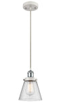 916-1P-WPC-G64 Cord Hung 6" White and Polished Chrome Mini Pendant - Seedy Small Cone Glass - LED Bulb - Dimmensions: 6 x 6 x 9<br>Minimum Height : 12.75<br>Maximum Height : 130.75 - Sloped Ceiling Compatible: Yes