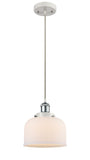 916-1P-WPC-G71 Cord Hung 8" White and Polished Chrome Mini Pendant - Matte White Cased Large Bell Glass - LED Bulb - Dimmensions: 8 x 8 x 10<br>Minimum Height : 13.75<br>Maximum Height : 131.75 - Sloped Ceiling Compatible: Yes