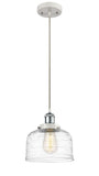 916-1P-WPC-G713 Cord Hung 8" White and Polished Chrome Mini Pendant - Clear Deco Swirl Large Bell Glass - LED Bulb - Dimmensions: 8 x 8 x 10<br>Minimum Height : 13.75<br>Maximum Height : 131.75 - Sloped Ceiling Compatible: Yes