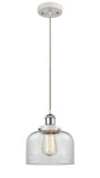 916-1P-WPC-G72 Cord Hung 8" White and Polished Chrome Mini Pendant - Clear Large Bell Glass - LED Bulb - Dimmensions: 8 x 8 x 9<br>Minimum Height : 13.75<br>Maximum Height : 131.75 - Sloped Ceiling Compatible: Yes