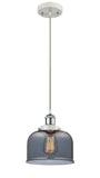 916-1P-WPC-G73 Cord Hung 8" White and Polished Chrome Mini Pendant - Plated Smoke Large Bell Glass - LED Bulb - Dimmensions: 8 x 8 x 10<br>Minimum Height : 13.75<br>Maximum Height : 131.75 - Sloped Ceiling Compatible: Yes