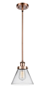 Stem Hung 8" Antique Copper Mini Pendant - Clear Large Cone Glass LED