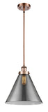 916-1S-AC-G43-L Stem Hung 8" Antique Copper Mini Pendant - Plated Smoke Cone 12" Glass - LED Bulb - Dimmensions: 8 x 8 x 10<br>Minimum Height : 18.75<br>Maximum Height : 42.75 - Sloped Ceiling Compatible: Yes