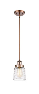 Stem Hung 5" Antique Copper Mini Pendant - Clear Deco Swirl Small Bell Glass LED