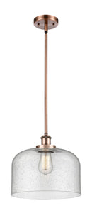 916-1S-AC-G74-L Stem Hung 8" Antique Copper Mini Pendant - Seedy X-Large Bell Glass - LED Bulb - Dimmensions: 8 x 8 x 10<br>Minimum Height : 18.75<br>Maximum Height : 42.75 - Sloped Ceiling Compatible: Yes