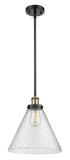 916-1S-BAB-G44-L Stem Hung 8" Black Antique Brass Mini Pendant - Seedy Cone 12" Glass - LED Bulb - Dimmensions: 8 x 8 x 10<br>Minimum Height : 18.75<br>Maximum Height : 42.75 - Sloped Ceiling Compatible: Yes