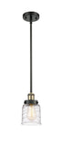 916-1S-BAB-G513 Stem Hung 5" Black Antique Brass Mini Pendant - Clear Deco Swirl Small Bell Glass - LED Bulb - Dimmensions: 5 x 5 x 10<br>Minimum Height : 17.75<br>Maximum Height : 41.75 - Sloped Ceiling Compatible: Yes
