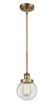 916-1S-BB-G202-6 Stem Hung 6" Brushed Brass Mini Pendant - Clear Beacon Glass - LED Bulb - Dimmensions: 6 x 6 x 9<br>Minimum Height : 17.75<br>Maximum Height : 41.75 - Sloped Ceiling Compatible: Yes