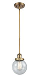 916-1S-BB-G204-6 Stem Hung 6" Brushed Brass Mini Pendant - Seedy Beacon Glass - LED Bulb - Dimmensions: 6 x 6 x 9<br>Minimum Height : 17.75<br>Maximum Height : 41.75 - Sloped Ceiling Compatible: Yes