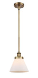916-1S-BB-G41 Stem Hung 8" Brushed Brass Mini Pendant - Matte White Cased Large Cone Glass - LED Bulb - Dimmensions: 8 x 8 x 10<br>Minimum Height : 18.75<br>Maximum Height : 42.75 - Sloped Ceiling Compatible: Yes