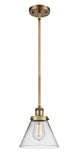 916-1S-BB-G42 Stem Hung 8" Brushed Brass Mini Pendant - Clear Large Cone Glass - LED Bulb - Dimmensions: 8 x 8 x 10<br>Minimum Height : 18.75<br>Maximum Height : 42.75 - Sloped Ceiling Compatible: Yes
