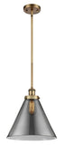 916-1S-BB-G43-L Stem Hung 8" Brushed Brass Mini Pendant - Plated Smoke Cone 12" Glass - LED Bulb - Dimmensions: 8 x 8 x 10<br>Minimum Height : 18.75<br>Maximum Height : 42.75 - Sloped Ceiling Compatible: Yes