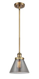 916-1S-BB-G43 Stem Hung 8" Brushed Brass Mini Pendant - Plated Smoke Large Cone Glass - LED Bulb - Dimmensions: 8 x 8 x 10<br>Minimum Height : 18.75<br>Maximum Height : 42.75 - Sloped Ceiling Compatible: Yes