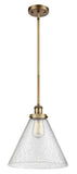 916-1S-BB-G44-L Stem Hung 8" Brushed Brass Mini Pendant - Seedy Cone 12" Glass - LED Bulb - Dimmensions: 8 x 8 x 10<br>Minimum Height : 18.75<br>Maximum Height : 42.75 - Sloped Ceiling Compatible: Yes