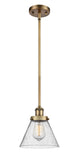 916-1S-BB-G44 Stem Hung 8" Brushed Brass Mini Pendant - Seedy Large Cone Glass - LED Bulb - Dimmensions: 8 x 8 x 10<br>Minimum Height : 18.75<br>Maximum Height : 42.75 - Sloped Ceiling Compatible: Yes