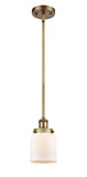 916-1S-BB-G51 Stem Hung 5" Brushed Brass Mini Pendant - Matte White Cased Small Bell Glass - LED Bulb - Dimmensions: 5 x 5 x 10<br>Minimum Height : 17.75<br>Maximum Height : 41.75 - Sloped Ceiling Compatible: Yes