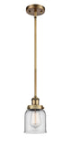 916-1S-BB-G52 Stem Hung 5" Brushed Brass Mini Pendant - Clear Small Bell Glass - LED Bulb - Dimmensions: 5 x 5 x 10<br>Minimum Height : 17.75<br>Maximum Height : 41.75 - Sloped Ceiling Compatible: Yes