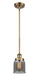 916-1S-BB-G53 Stem Hung 5" Brushed Brass Mini Pendant - Plated Smoke Small Bell Glass - LED Bulb - Dimmensions: 5 x 5 x 10<br>Minimum Height : 17.75<br>Maximum Height : 41.75 - Sloped Ceiling Compatible: Yes