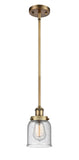 916-1S-BB-G54 Stem Hung 5" Brushed Brass Mini Pendant - Seedy Small Bell Glass - LED Bulb - Dimmensions: 5 x 5 x 10<br>Minimum Height : 17.75<br>Maximum Height : 41.75 - Sloped Ceiling Compatible: Yes