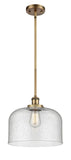 916-1S-BB-G74-L Stem Hung 8" Brushed Brass Mini Pendant - Seedy X-Large Bell Glass - LED Bulb - Dimmensions: 8 x 8 x 10<br>Minimum Height : 18.75<br>Maximum Height : 42.75 - Sloped Ceiling Compatible: Yes