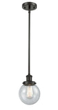 916-1S-OB-G204-6 Stem Hung 6" Oil Rubbed Bronze Mini Pendant - Seedy Beacon Glass - LED Bulb - Dimmensions: 6 x 6 x 9<br>Minimum Height : 17.75<br>Maximum Height : 41.75 - Sloped Ceiling Compatible: Yes