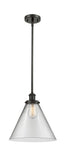 916-1S-OB-G42-L Stem Hung 8" Oil Rubbed Bronze Mini Pendant - Clear Cone 12" Glass - LED Bulb - Dimmensions: 8 x 8 x 10<br>Minimum Height : 18.75<br>Maximum Height : 42.75 - Sloped Ceiling Compatible: Yes