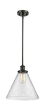 916-1S-OB-G44-L Stem Hung 8" Oil Rubbed Bronze Mini Pendant - Seedy Cone 12" Glass - LED Bulb - Dimmensions: 8 x 8 x 10<br>Minimum Height : 18.75<br>Maximum Height : 42.75 - Sloped Ceiling Compatible: Yes