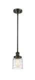 916-1S-OB-G513 Stem Hung 5" Oil Rubbed Bronze Mini Pendant - Clear Deco Swirl Small Bell Glass - LED Bulb - Dimmensions: 5 x 5 x 10<br>Minimum Height : 17.75<br>Maximum Height : 41.75 - Sloped Ceiling Compatible: Yes