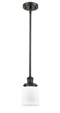 916-1S-OB-G51 Stem Hung 5" Oil Rubbed Bronze Mini Pendant - Matte White Cased Small Bell Glass - LED Bulb - Dimmensions: 5 x 5 x 10<br>Minimum Height : 17.75<br>Maximum Height : 41.75 - Sloped Ceiling Compatible: Yes