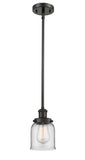 916-1S-OB-G52 Stem Hung 5" Oil Rubbed Bronze Mini Pendant - Clear Small Bell Glass - LED Bulb - Dimmensions: 5 x 5 x 10<br>Minimum Height : 17.75<br>Maximum Height : 41.75 - Sloped Ceiling Compatible: Yes