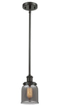 916-1S-OB-G53 Stem Hung 5" Oil Rubbed Bronze Mini Pendant - Plated Smoke Small Bell Glass - LED Bulb - Dimmensions: 5 x 5 x 10<br>Minimum Height : 17.75<br>Maximum Height : 41.75 - Sloped Ceiling Compatible: Yes