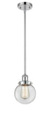 916-1S-PC-G202-6 Stem Hung 6" Polished Chrome Mini Pendant - Clear Beacon Glass - LED Bulb - Dimmensions: 6 x 6 x 9<br>Minimum Height : 17.75<br>Maximum Height : 41.75 - Sloped Ceiling Compatible: Yes
