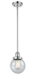 916-1S-PC-G204-6 Stem Hung 6" Polished Chrome Mini Pendant - Seedy Beacon Glass - LED Bulb - Dimmensions: 6 x 6 x 9<br>Minimum Height : 17.75<br>Maximum Height : 41.75 - Sloped Ceiling Compatible: Yes