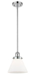 916-1S-PC-G41 Stem Hung 8" Polished Chrome Mini Pendant - Matte White Cased Large Cone Glass - LED Bulb - Dimmensions: 8 x 8 x 10<br>Minimum Height : 18.75<br>Maximum Height : 42.75 - Sloped Ceiling Compatible: Yes