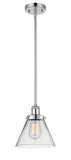 916-1S-PC-G42 Stem Hung 8" Polished Chrome Mini Pendant - Clear Large Cone Glass - LED Bulb - Dimmensions: 8 x 8 x 10<br>Minimum Height : 18.75<br>Maximum Height : 42.75 - Sloped Ceiling Compatible: Yes