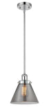 916-1S-PC-G43 Stem Hung 8" Polished Chrome Mini Pendant - Plated Smoke Large Cone Glass - LED Bulb - Dimmensions: 8 x 8 x 10<br>Minimum Height : 18.75<br>Maximum Height : 42.75 - Sloped Ceiling Compatible: Yes
