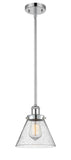 916-1S-PC-G44 Stem Hung 8" Polished Chrome Mini Pendant - Seedy Large Cone Glass - LED Bulb - Dimmensions: 8 x 8 x 10<br>Minimum Height : 18.75<br>Maximum Height : 42.75 - Sloped Ceiling Compatible: Yes