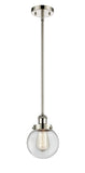 916-1S-PN-G202-6 Stem Hung 6" Polished Nickel Mini Pendant - Clear Beacon Glass - LED Bulb - Dimmensions: 6 x 6 x 9<br>Minimum Height : 17.75<br>Maximum Height : 41.75 - Sloped Ceiling Compatible: Yes