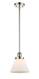916-1S-PN-G41 Stem Hung 8" Polished Nickel Mini Pendant - Matte White Cased Large Cone Glass - LED Bulb - Dimmensions: 8 x 8 x 10<br>Minimum Height : 18.75<br>Maximum Height : 42.75 - Sloped Ceiling Compatible: Yes