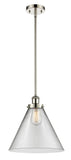 916-1S-PN-G42-L Stem Hung 8" Polished Nickel Mini Pendant - Clear Cone 12" Glass - LED Bulb - Dimmensions: 8 x 8 x 10<br>Minimum Height : 18.75<br>Maximum Height : 42.75 - Sloped Ceiling Compatible: Yes