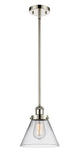 916-1S-PN-G42 Stem Hung 8" Polished Nickel Mini Pendant - Clear Large Cone Glass - LED Bulb - Dimmensions: 8 x 8 x 10<br>Minimum Height : 18.75<br>Maximum Height : 42.75 - Sloped Ceiling Compatible: Yes